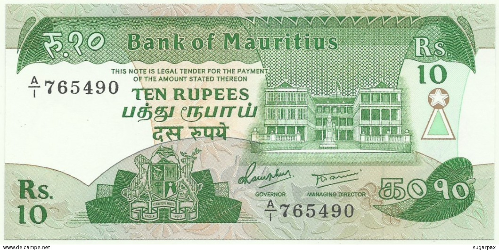 MAURITIUS - 10 RUPEES - ND ( 1985 ) - Pick 35.a - Unc. - Sign. 5 - Serie A/1 - Mauritius