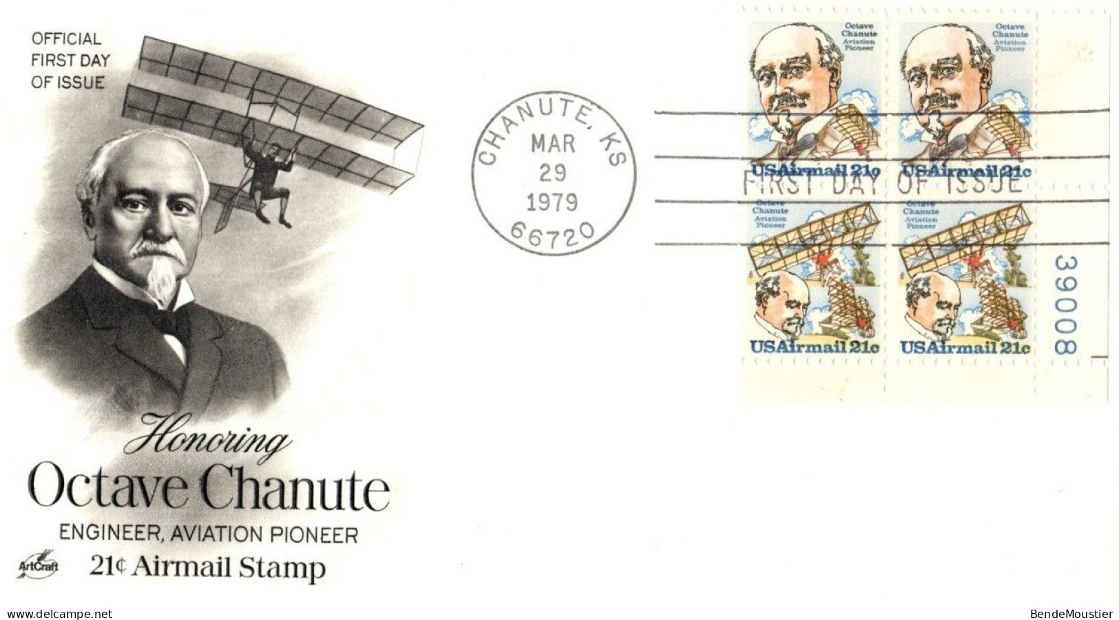 (R19d) USA FDI - Honoring Engineer Aviation Pioneer Octave Chanute - 21c Airmail Stamp - Chanute KS 1979. - 3c. 1961-... Covers