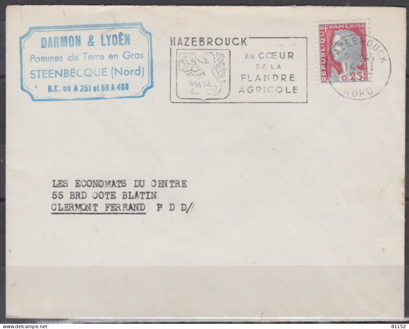 Marianne De Decaris   Sur Lettre Pub " Pommes De Terre "  De STEENBECQUE  Le 14 11 1962 Postée à HAZEBROUCK Avec Sécap - 1960 Marianne Of Decaris