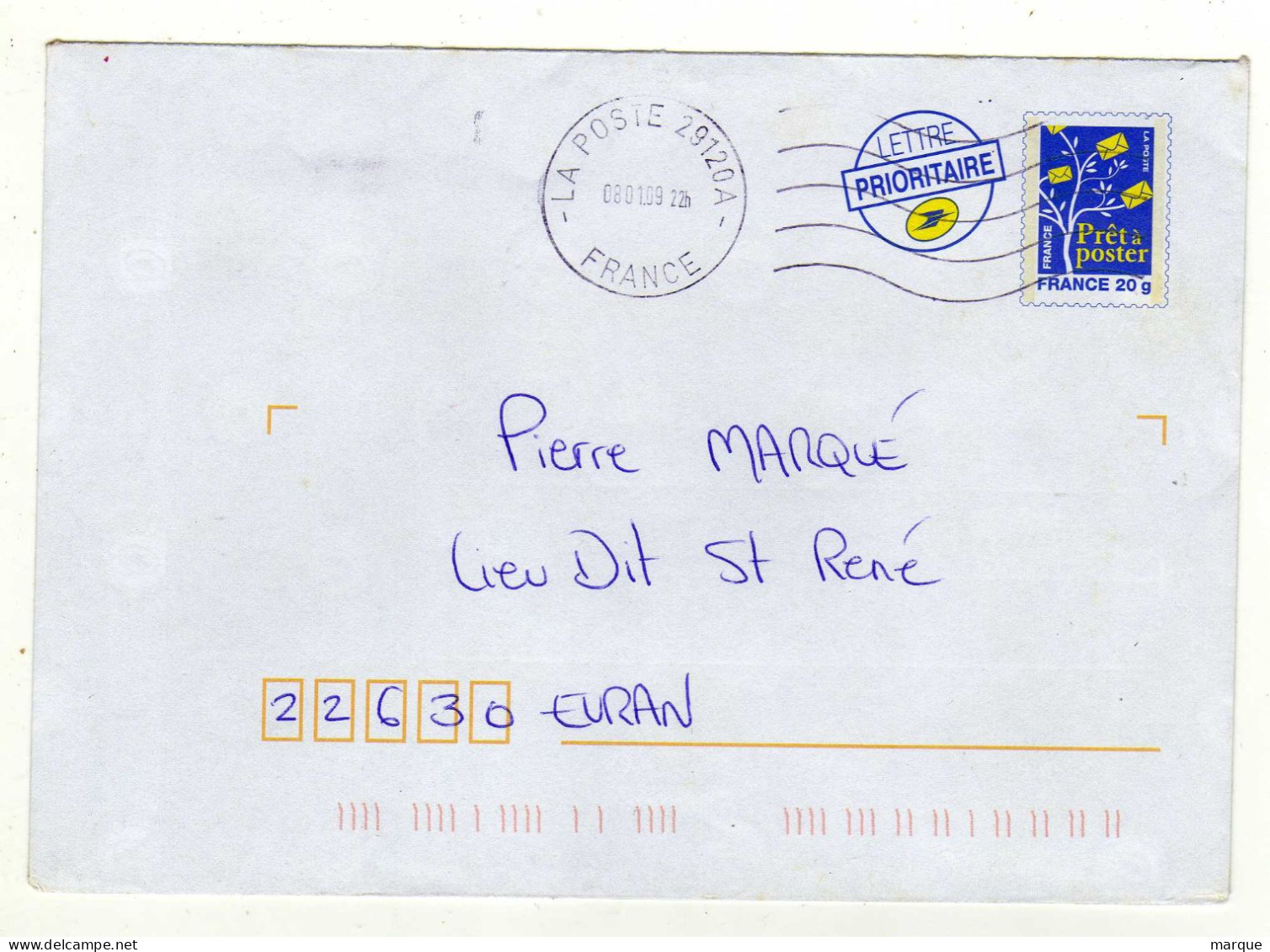 Enveloppe FRANCE Prêt à Poster Lettre Prioritaire Oblitération LA POSTE 29120A 08/01/2009 - PAP: Aufdrucke/Blaues Logo