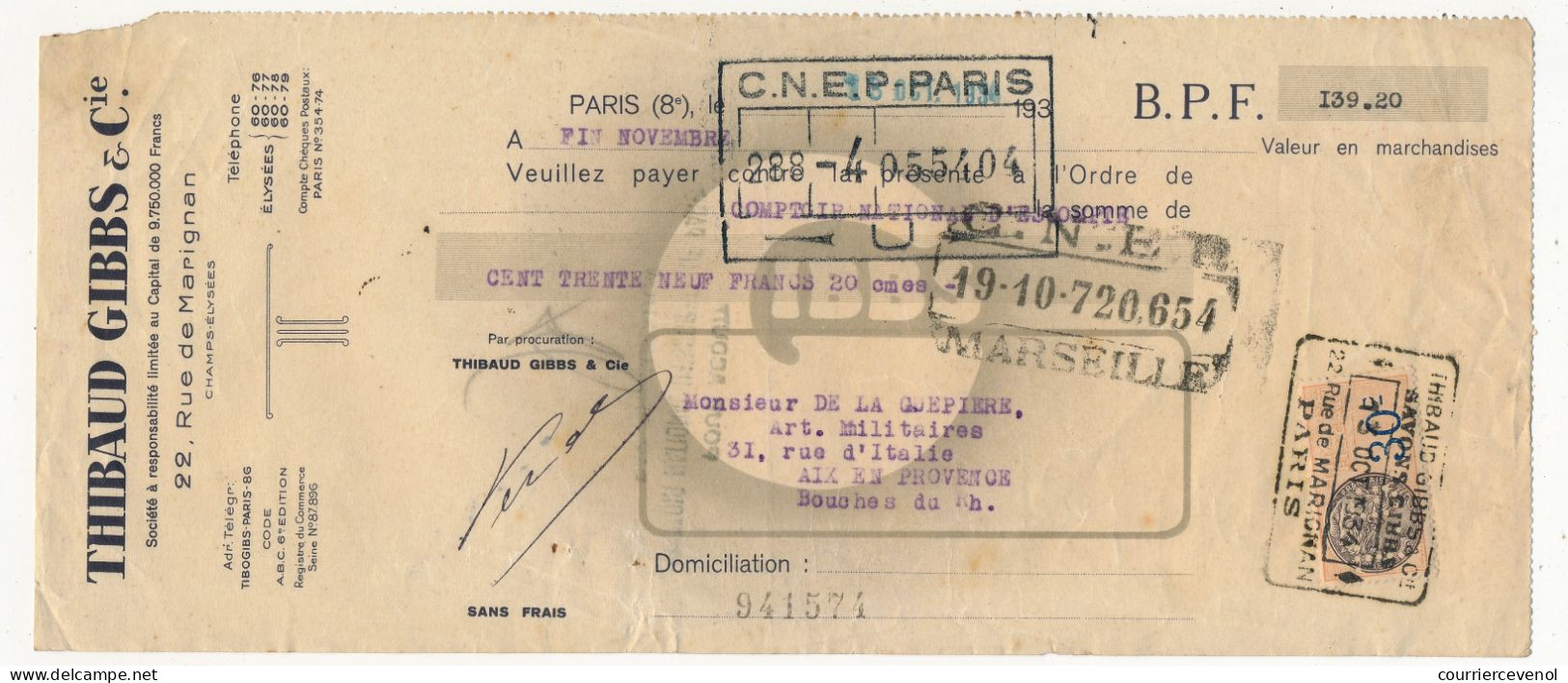 FRANCE - Traite Thibaud Gibbs & Cie PARIS - Fiscal 30c Perforé T.G. - 1934 - Covers & Documents