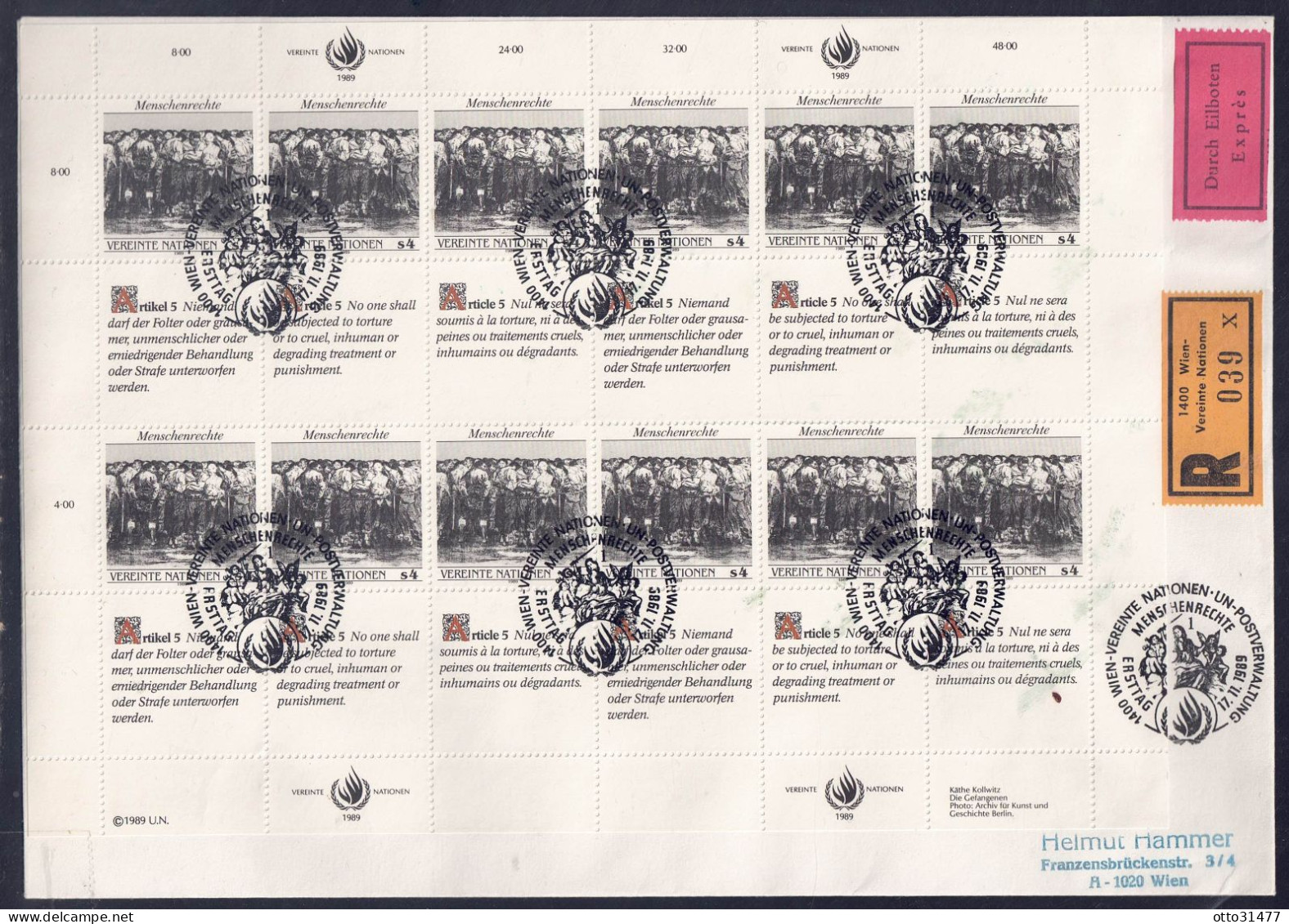 UNO Wien 1989 - Menschenrechte (I), Nr. 96 - 97 Als RECO-Expressbrief - Covers & Documents