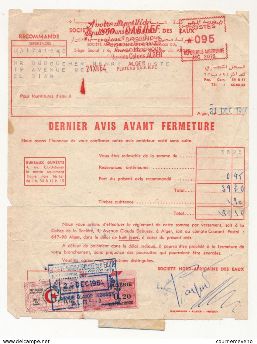 ALGERIE - Sté Nord Africaine Des Eaux - Fiscaux 0,20NF Algérie + 0,10 République Algérienne - Mixte - 1964 - Algérie (1962-...)