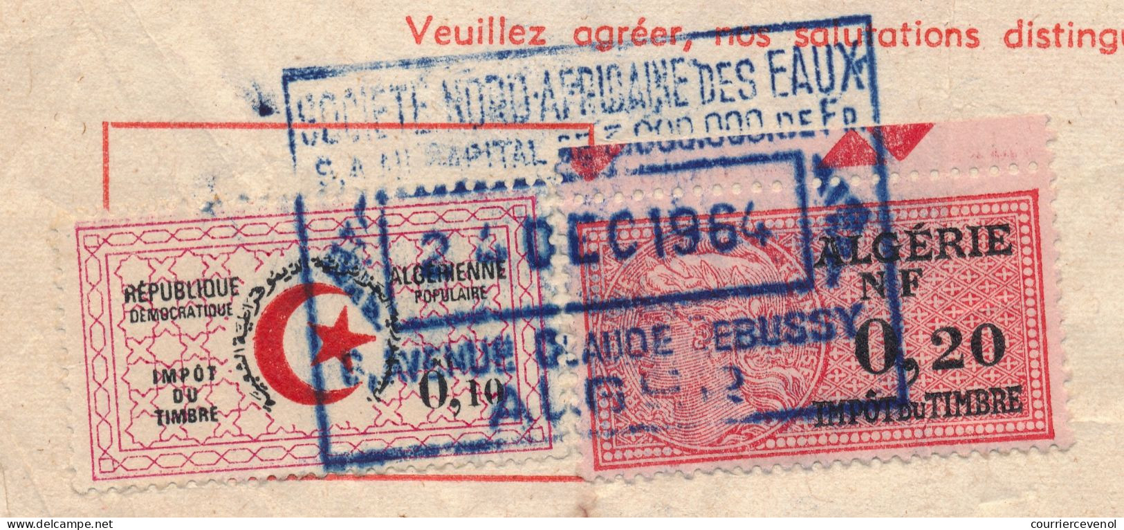 ALGERIE - Sté Nord Africaine Des Eaux - Fiscaux 0,20NF Algérie + 0,10 République Algérienne - Mixte - 1964 - Algeria (1962-...)