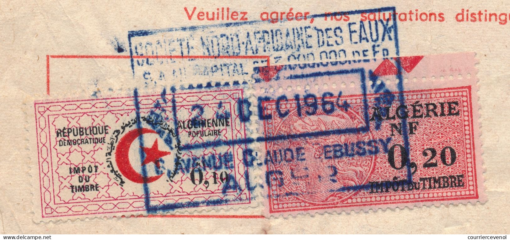 ALGERIE - Sté Nord Africaine Des Eaux - Fiscaux 0,20NF Algérie + 0,10 République Algérienne - Mixte - 1964 - Algérie (1962-...)