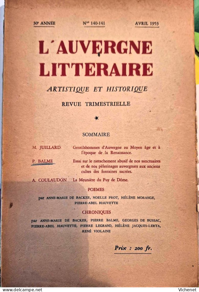 L'Auvergne Littéraire Artistique Et Historique - 140-141 - 1953 - Auvergne