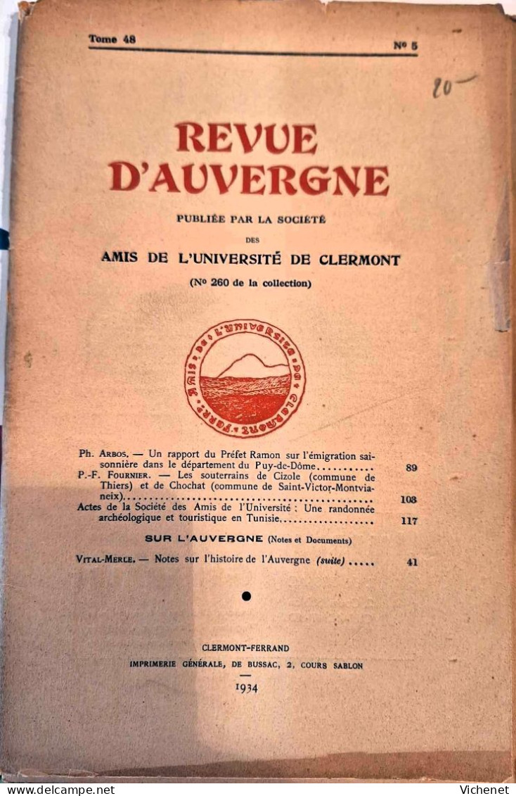 Revue D'Auvergne - Tome 48 N°5 (n° 260 De La Collection) - 1934 - Auvergne