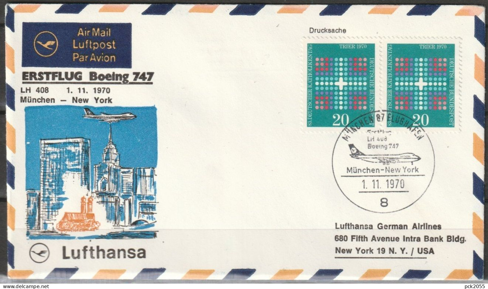 BRD Flugpost / Erstflug LH 408 Boeing 747 München - New York 1.11.1970 Ankunftstempel 1.11.70 ( FP 32) - Premiers Vols