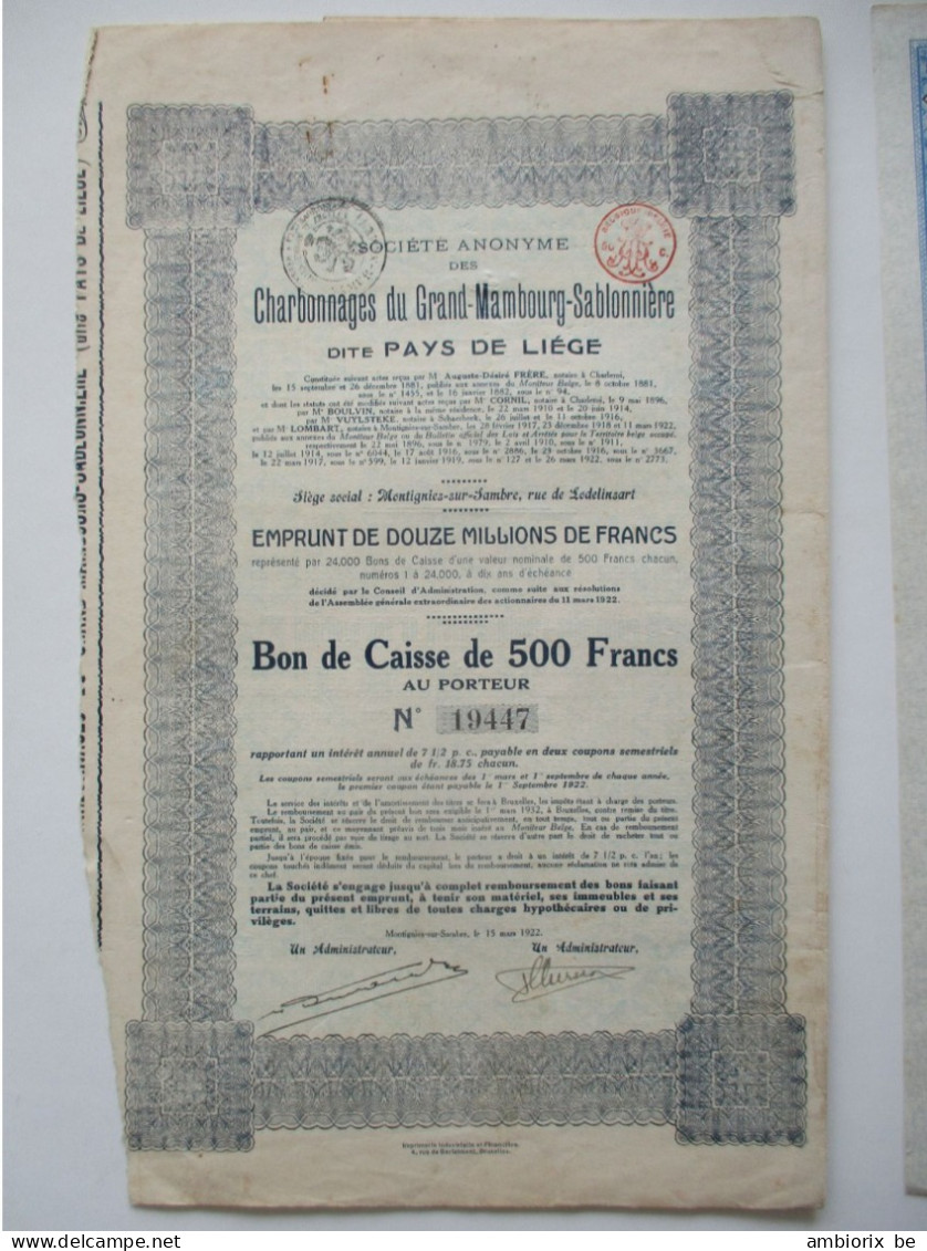 Charbonnages Du Grand-Mambourg-Sablonnière - Montignies Sur Sambre - Bon De Caisse De 500 Francs -  1922 - Industrie