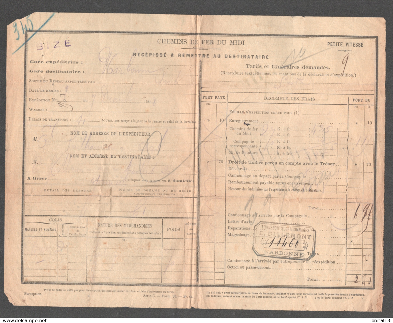 1908 CHEMINS DE FER DU MIDI / RECEPISSE COLIS / BIZE NARBONNE  D2533 - Chemin De Fer