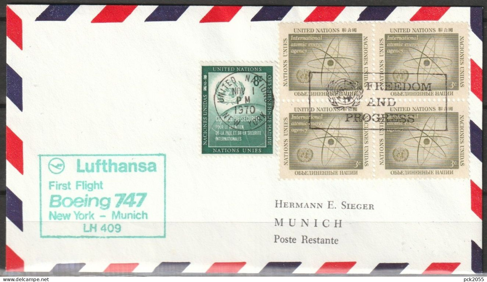 BRD Flugpost / Erstflug LH 409 Boeing 747 New York - München 1.11.1970 Ankunftstempel 2.11.70 ( FP 34) - Primi Voli