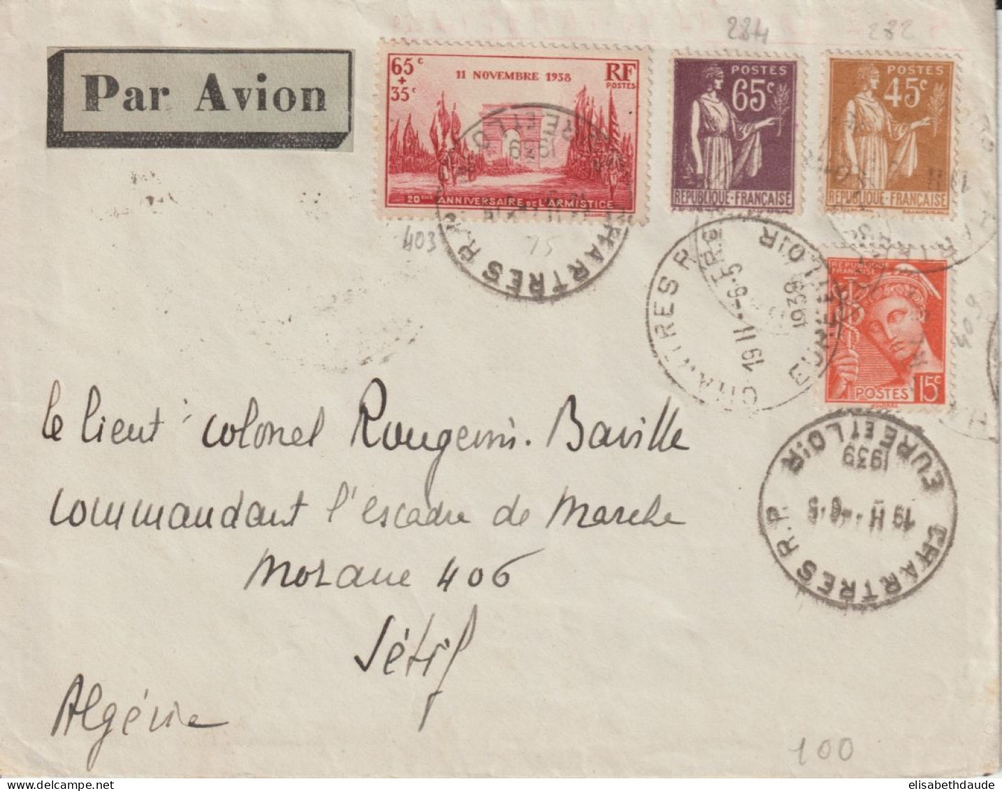 1939 - ENV. Par AVION De CHARTRES (EURE ET LOIR) => SETIF (ALGERIE) ! - Briefe U. Dokumente