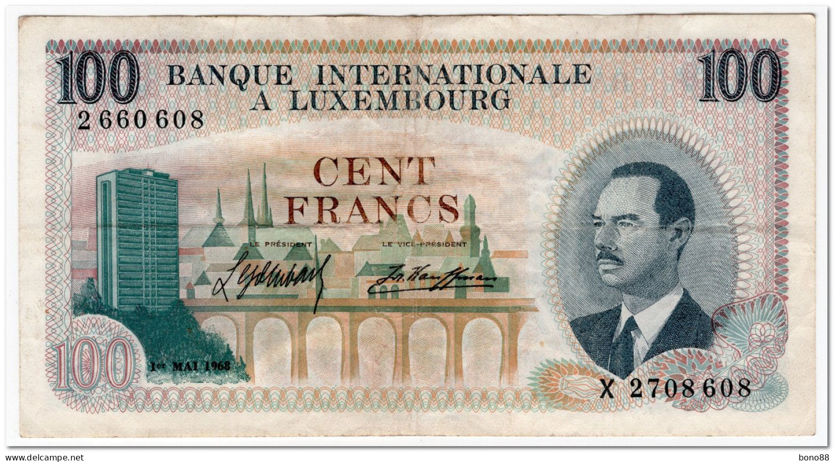 LUXEMBOURG,100 FRANCS,1968,P.14,aVF - Luxembourg