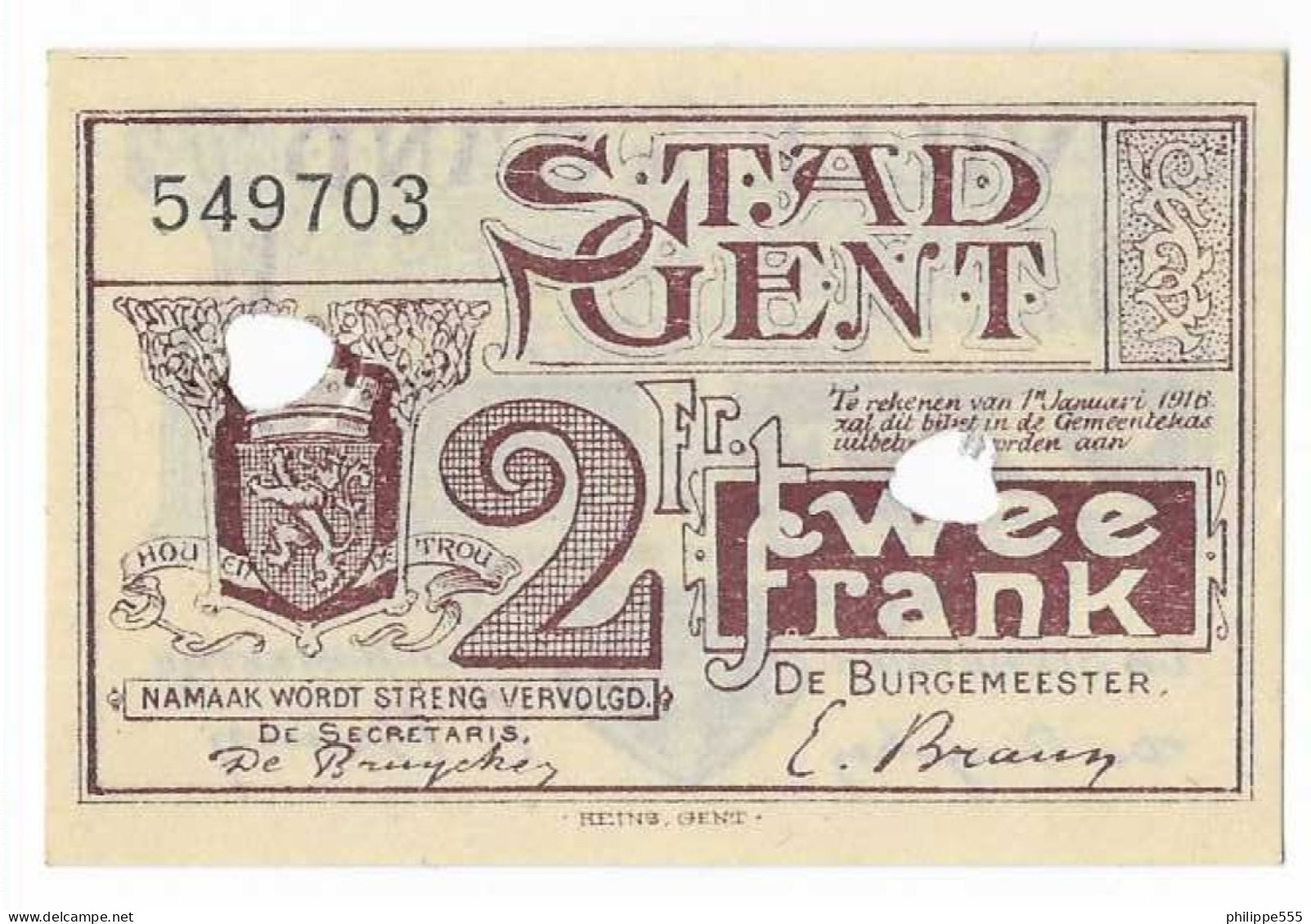 Noodgeld 2 Fr Stad Gent - Perfecte Staat - 1-2 Francs