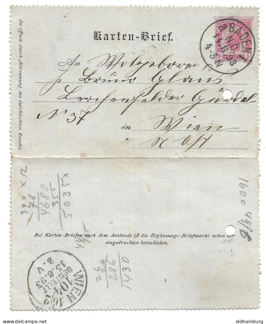 0402z: Kartenbrief Für Den Fernverkehr ANK 26, Topentwertung Baden NÖ 14.8.98, Archivlochung - Cartes-lettres