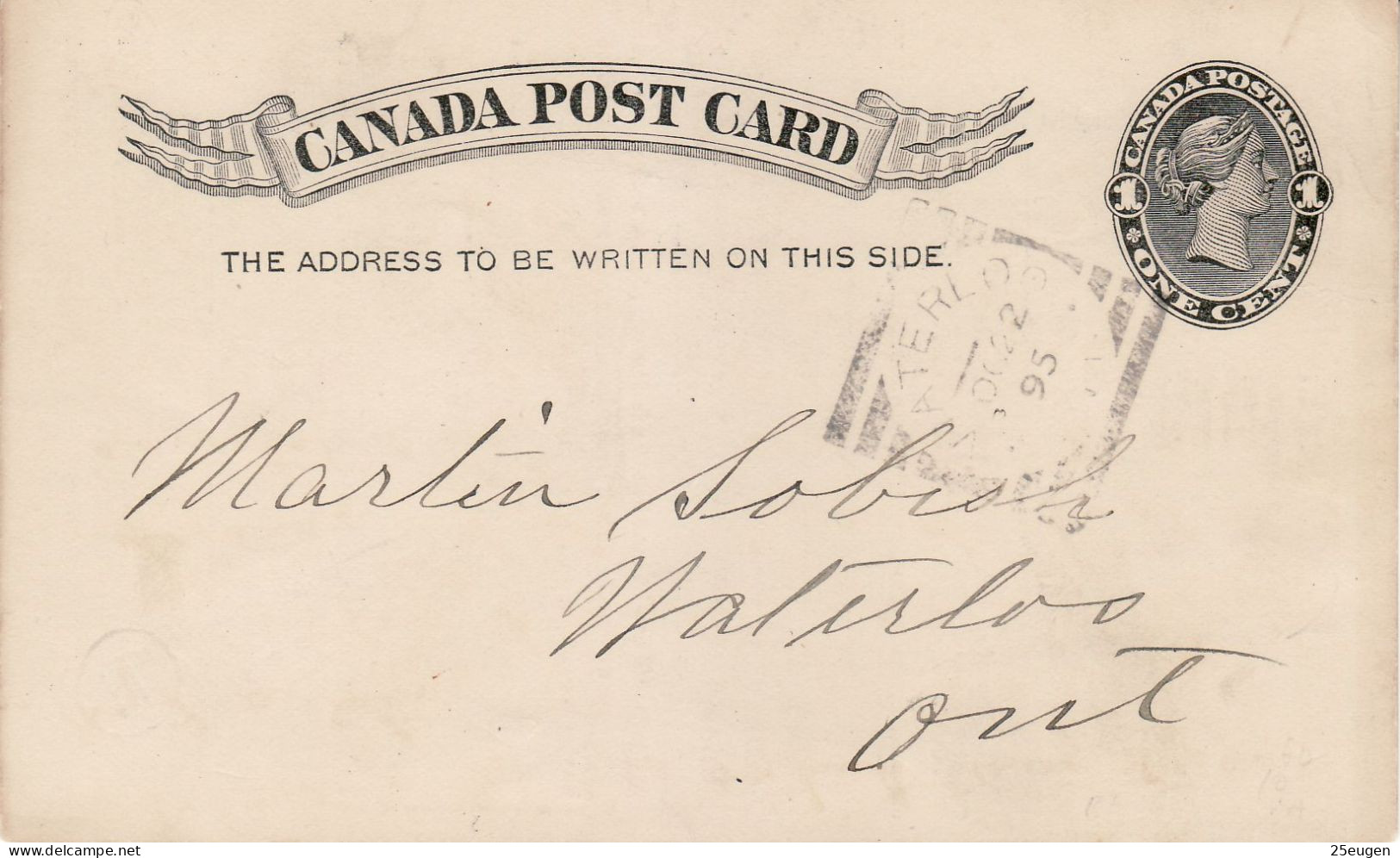 CANADA 1895  POSTCARD  SENT FROM WATERLOO - Cartas & Documentos