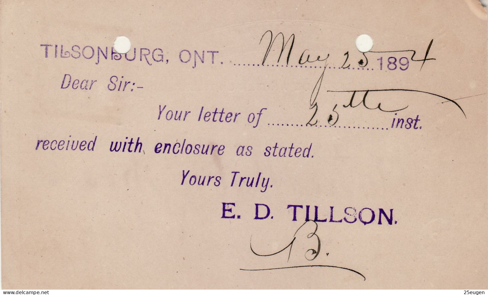 CANADA 1894  POSTCARD  SENT FROM TILSONBURG - Cartas & Documentos