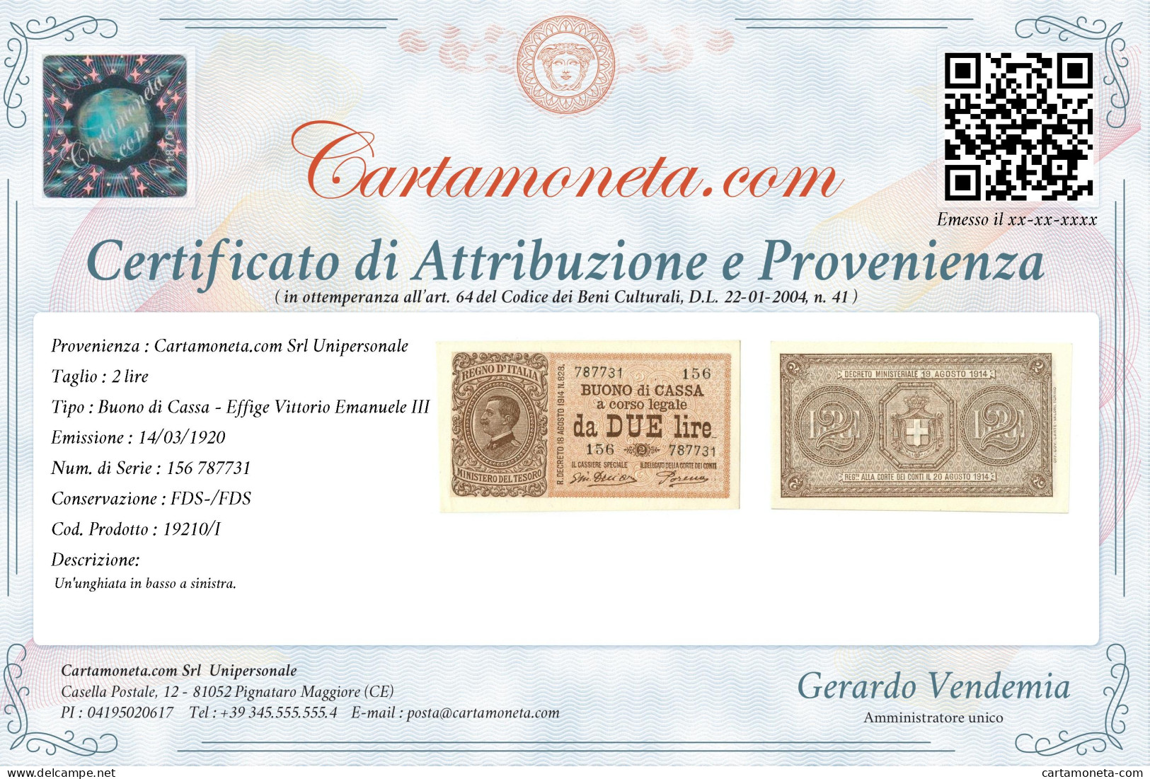 2 LIRE BUONO DI CASSA EFFIGE VITTORIO EMANUELE III 14/03/1920 FDS-/FDS - Regno D'Italia - Altri