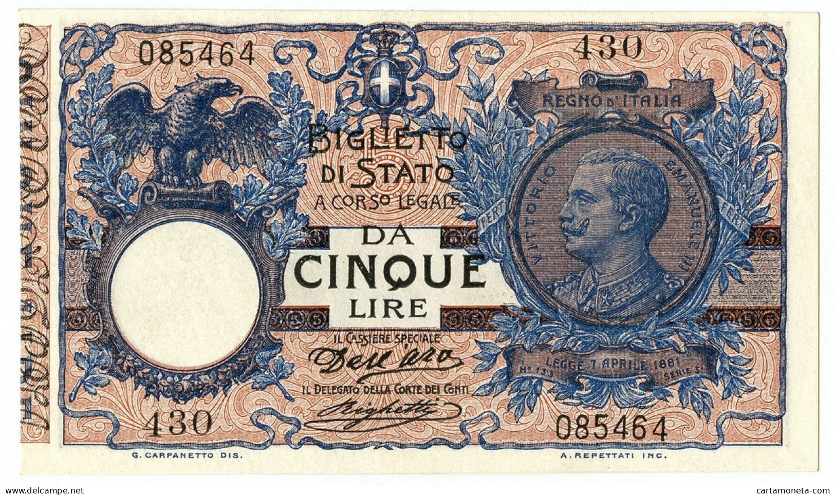 5 LIRE BIGLIETTO DI STATO VITTORIO EMANUELE III FLOREALE 08/11/1904 FDS-/FDS - Regno D'Italia – Other