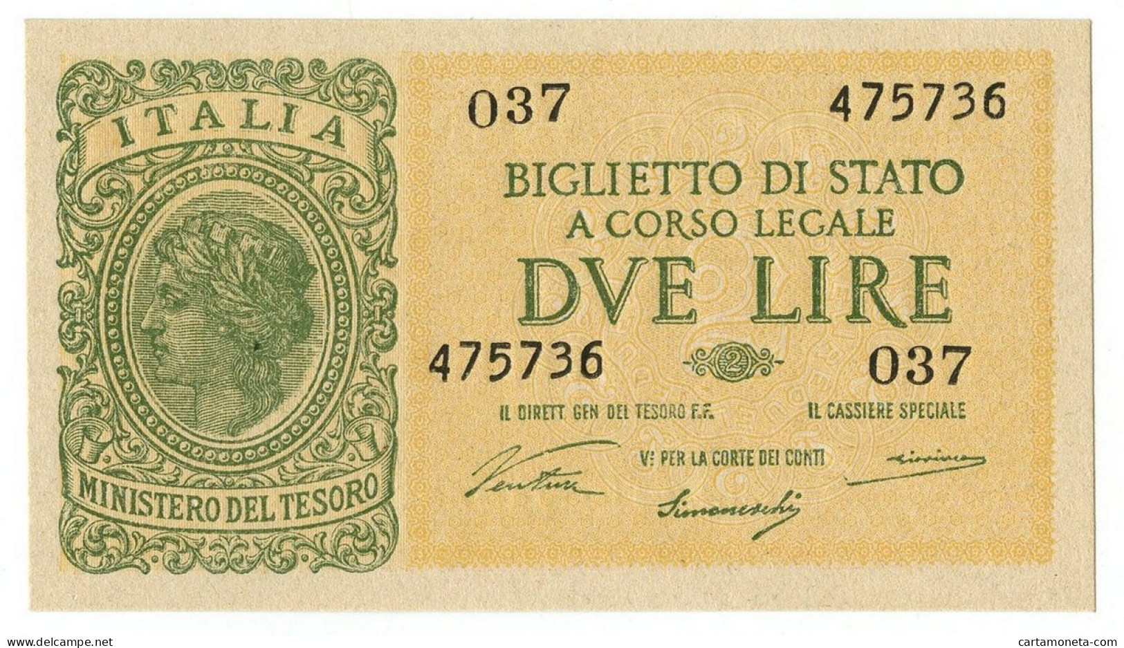 2 LIRE BIGLIETTO DI STATO LUOGOTENENZA UMBERTO VENTURA 23/11/1944 FDS - Regno D'Italia – Other