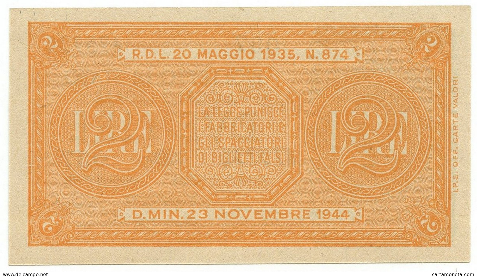 2 LIRE BIGLIETTO DI STATO LUOGOTENENZA UMBERTO VENTURA 23/11/1944 FDS - Regno D'Italia – Other