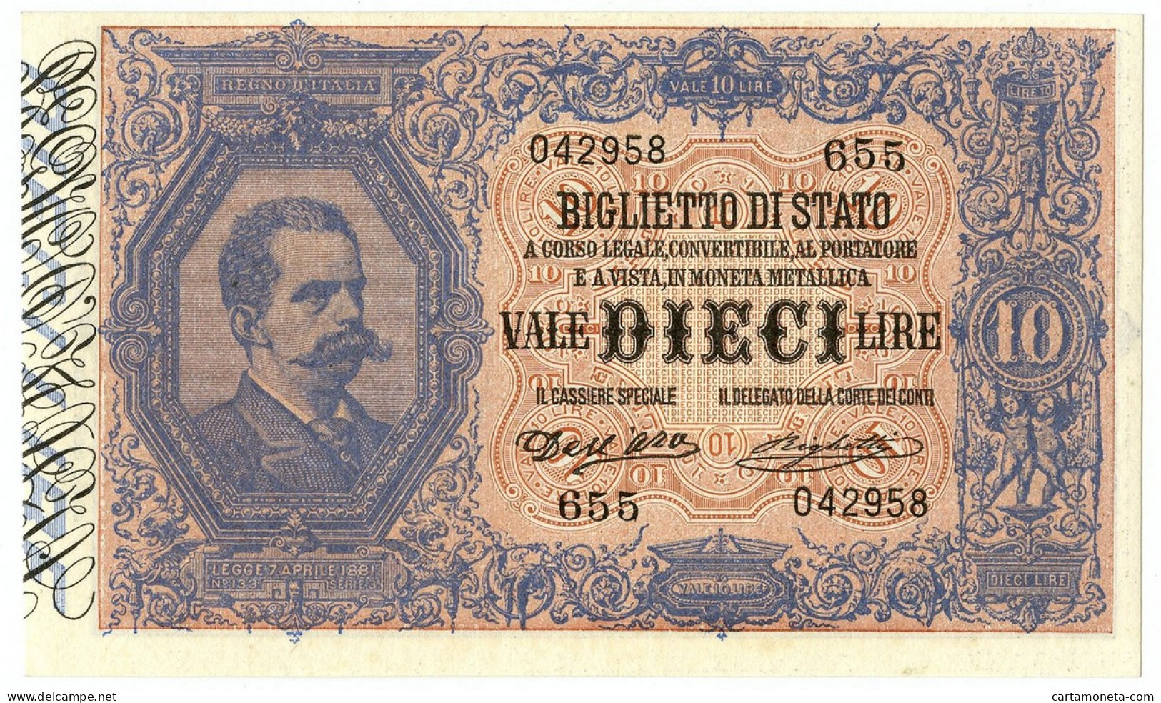 10 LIRE BIGLIETTO DI STATO EFFIGE UMBERTO I 25/10/1892 QFDS - Otros