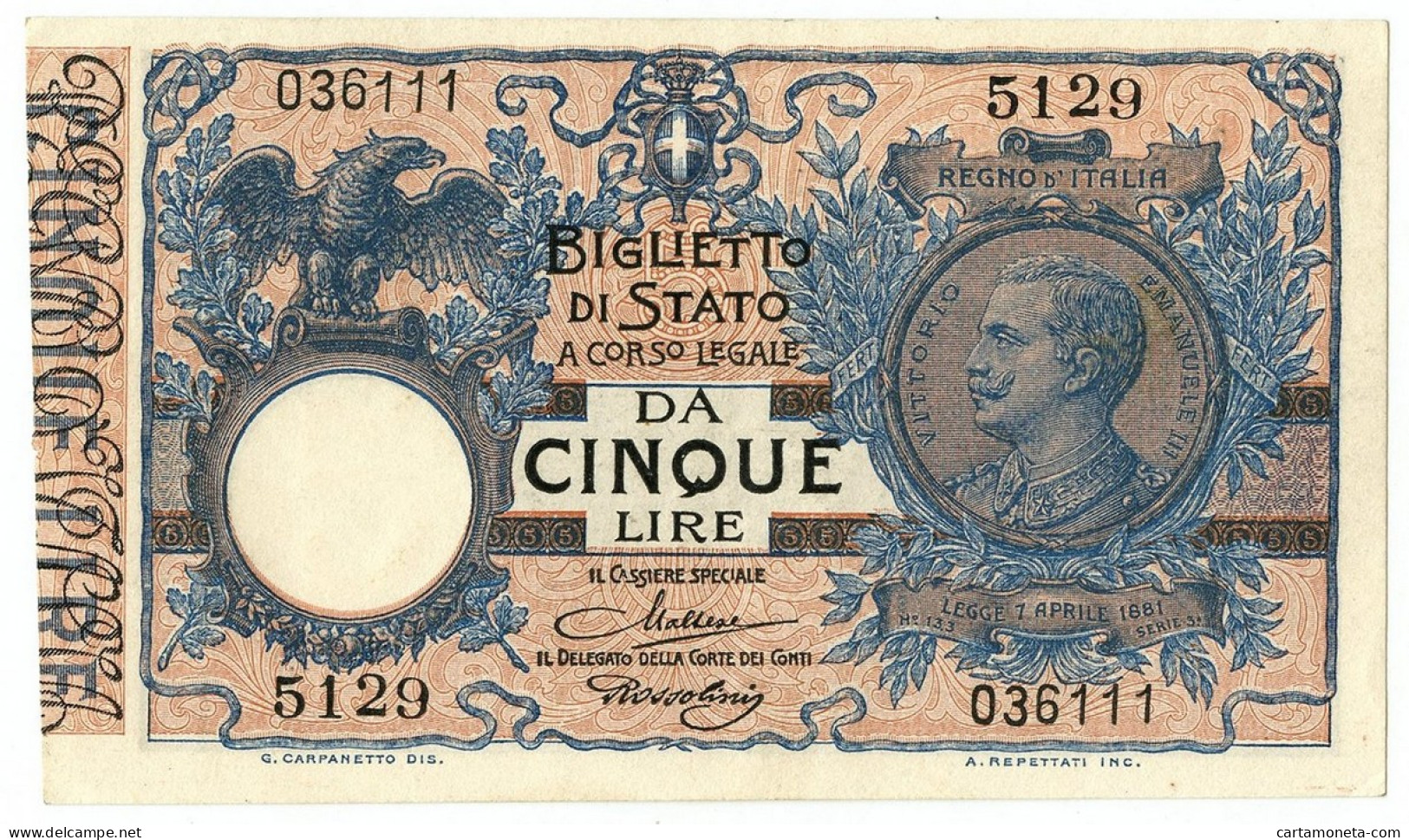 5 LIRE BIGLIETTO DI STATO VITTORIO EMANUELE III FLOREALE 24/02/1922 SPL+ - Regno D'Italia – Autres