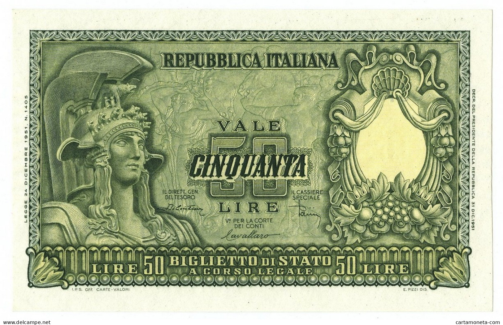 50 LIRE BIGLIETTO DI STATO ITALIA ELMATA DI CRISTINA 31/12/1951 FDS-/FDS - Andere & Zonder Classificatie