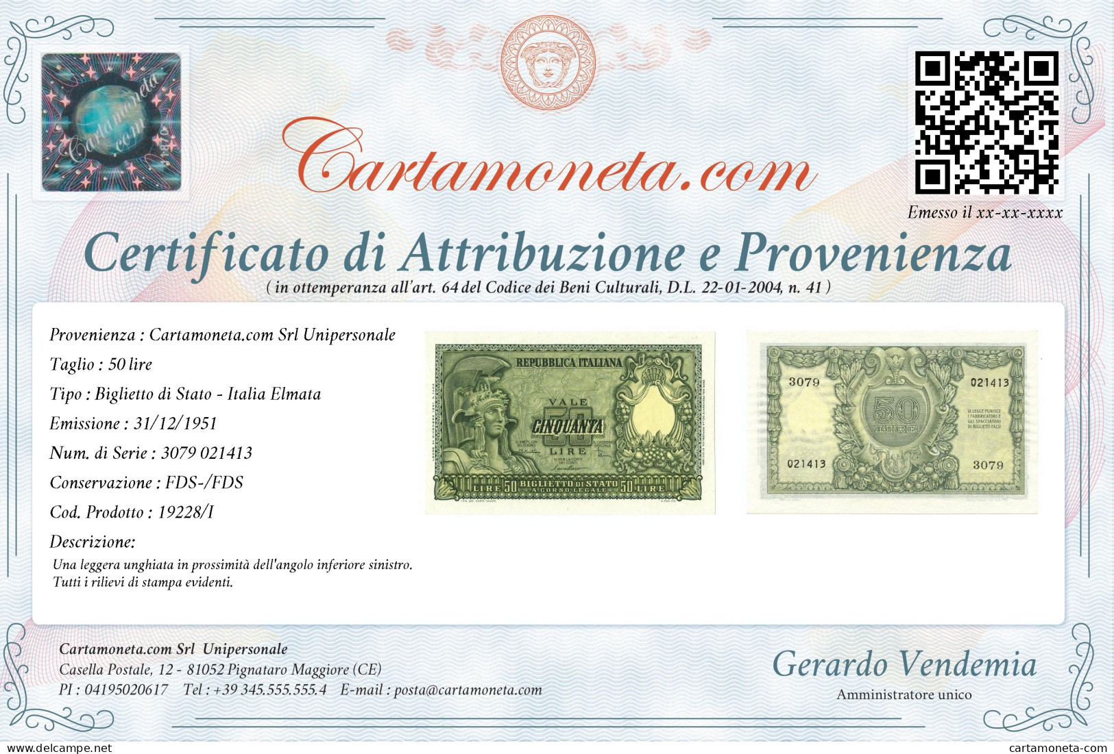 50 LIRE BIGLIETTO DI STATO ITALIA ELMATA DI CRISTINA 31/12/1951 FDS-/FDS - Andere & Zonder Classificatie