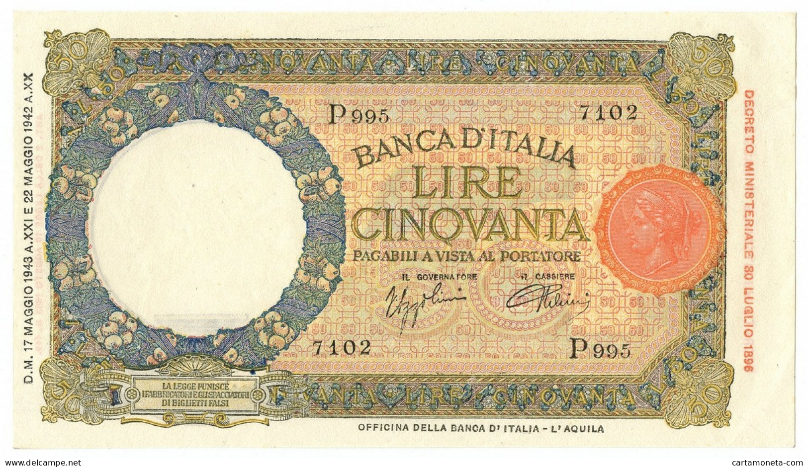 50 LIRE CAPRANESI LUPA CAPITOLINA M. STRETTO FASCIO L'AQUILA 17/05/1943 QFDS - Regno D'Italia - Altri