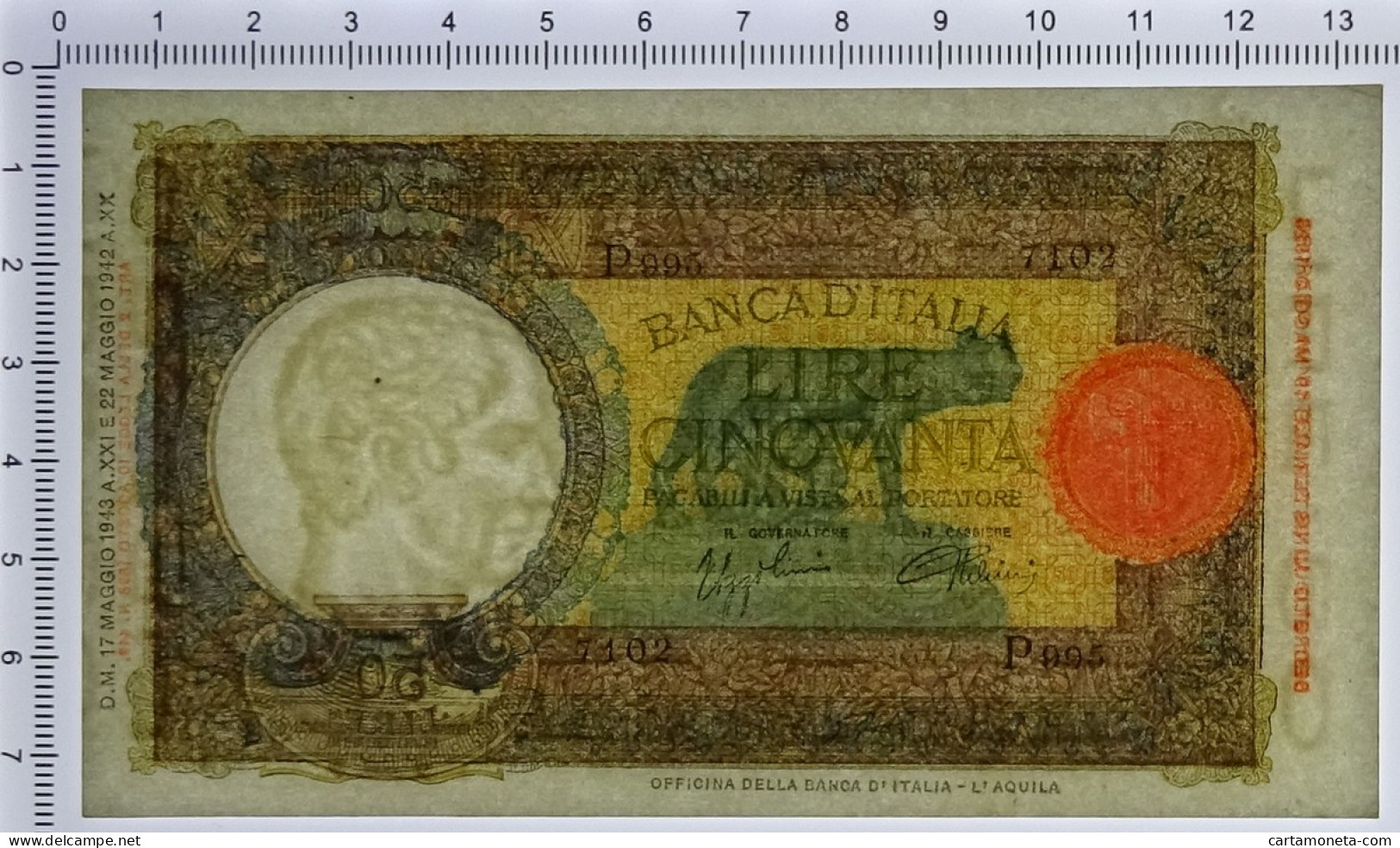 50 LIRE CAPRANESI LUPA CAPITOLINA M. STRETTO FASCIO L'AQUILA 17/05/1943 QFDS - Regno D'Italia – Autres