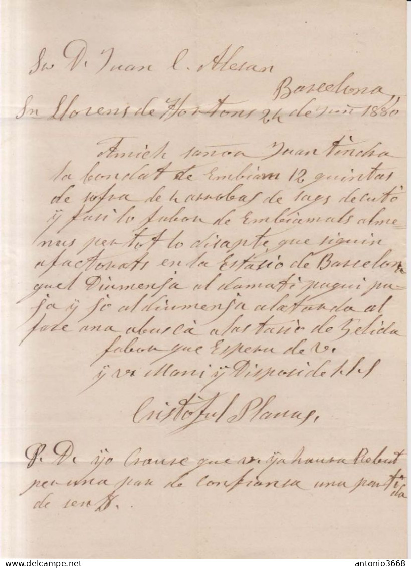 Año 1879 Edifil 204 Alfonso XII Carta De Sant LLorens D'Hortons A Barcelona Cristoful Planas - Storia Postale