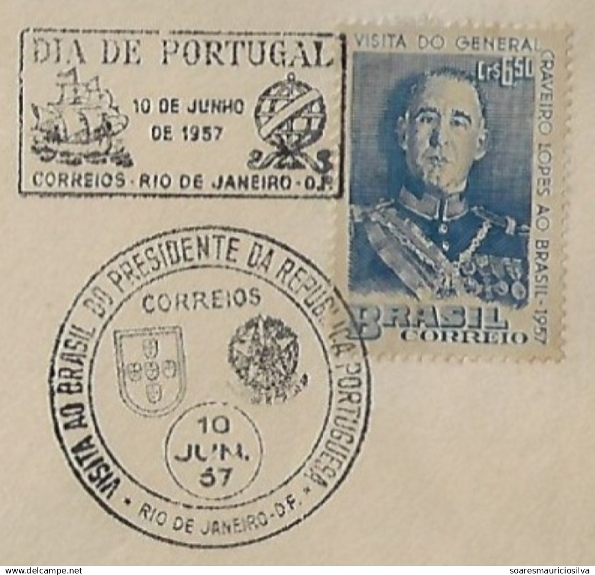 Brazil 1957 2 Cover Stamp + Commemorative Cancel Visit Of The President Of Portugal General Craveiro Lopes - Briefe U. Dokumente