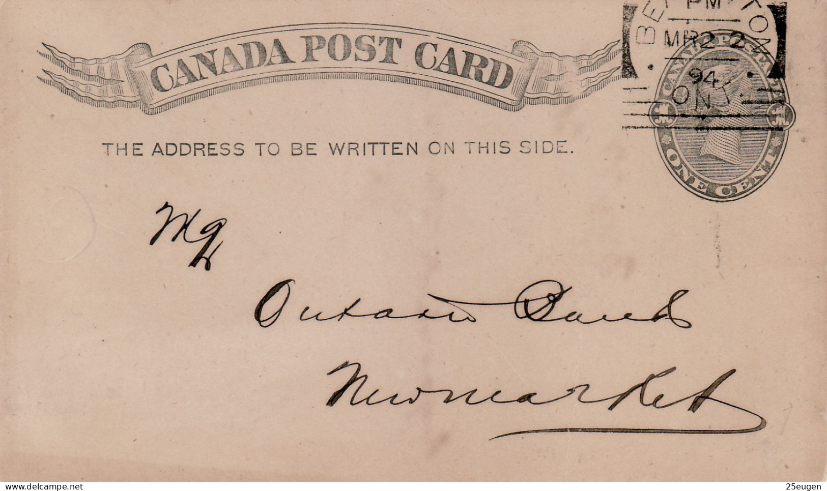CANADA 1894  POSTCARD  SENT FROM BEAVERTON - Lettres & Documents