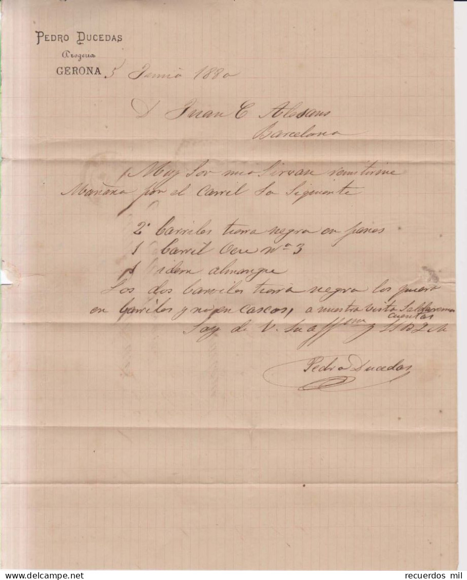 Año 1879 Edifil 204 Alfonso XII Carta  Matasellos Rombo Gerona Membrete Pedro Ducedas Drogueria Gerona - Briefe U. Dokumente