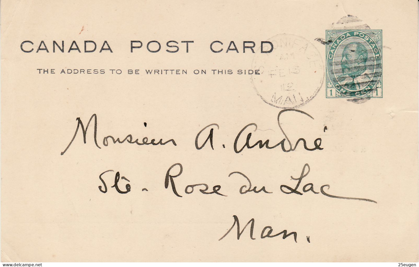 CANADA 1912  POSTCARD  SENT FROM SAINT-BONIFACE - Lettres & Documents