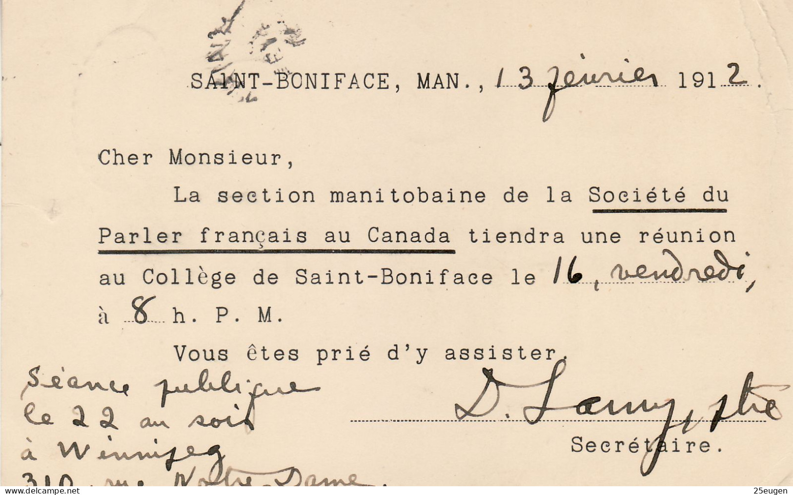 CANADA 1912  POSTCARD  SENT FROM SAINT-BONIFACE - Briefe U. Dokumente