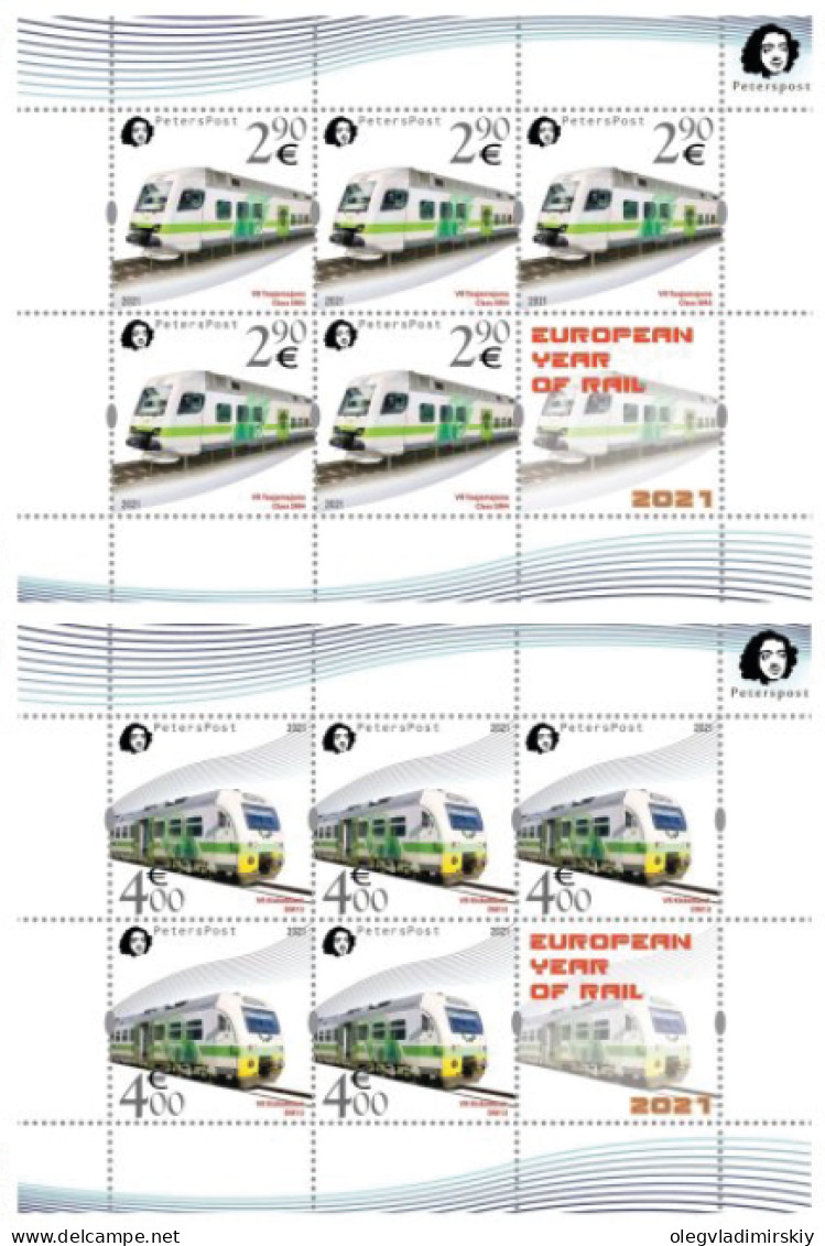 Finland Finnland Finlande 2021 European Year Of Rail Local Trains Peterspost Set Of 2 Sheetlets Mint - Blocks & Sheetlets