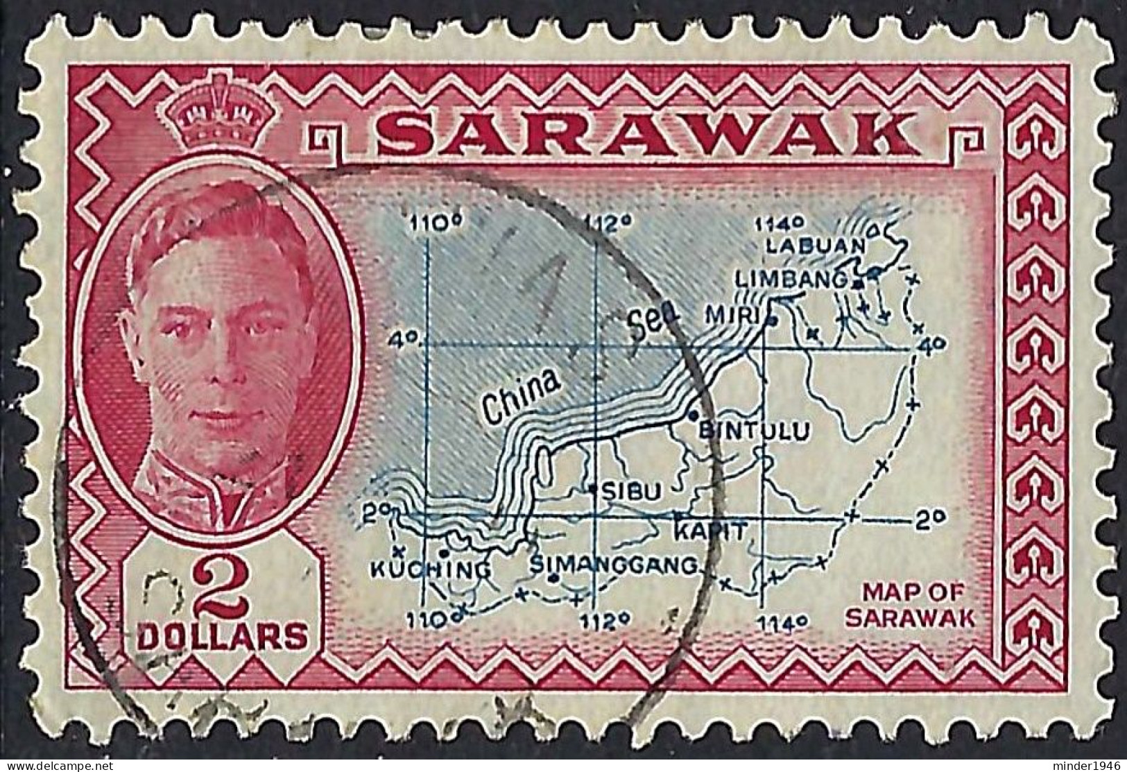 SARAWAK 1950 KGVI $2 Blue $ Carmine SG184 FU - Sarawak (...-1963)