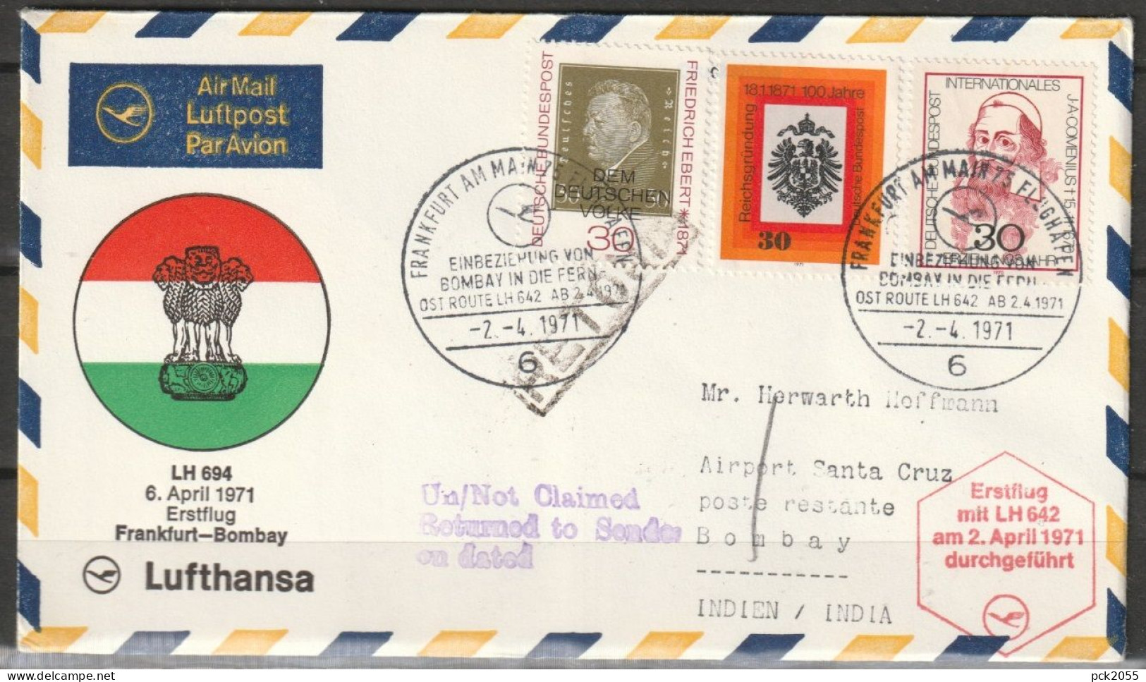 BRD Flugpost / Erstflug LH 694 Boeing 707 Frankfurt - Bombay 2.4.1971 Ankunftstempel 3.4.1971  ( FP 41) - Premiers Vols