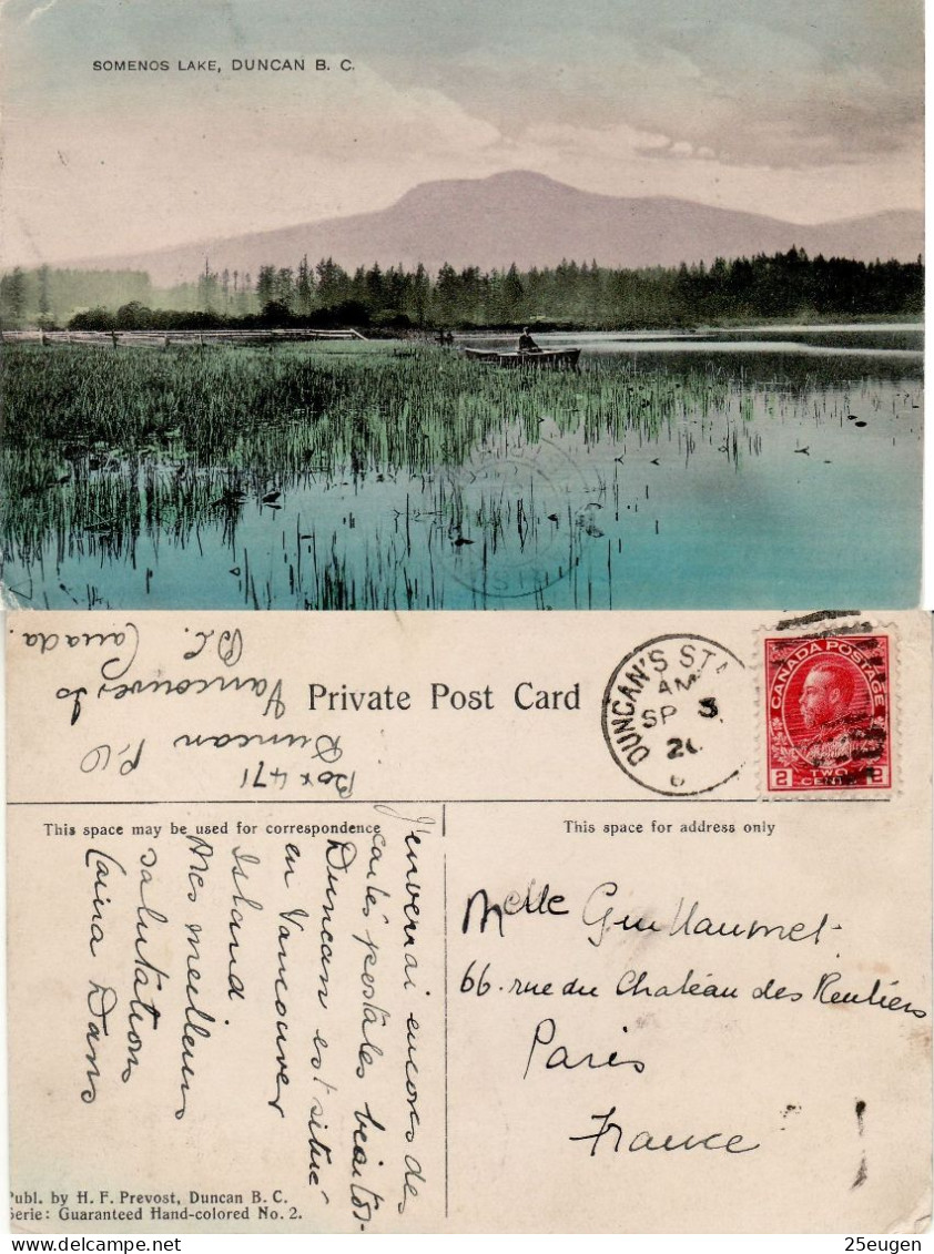 CANADA  1924 POSTCARD SENT FROM DUNCAN TO PARIS - Lettres & Documents