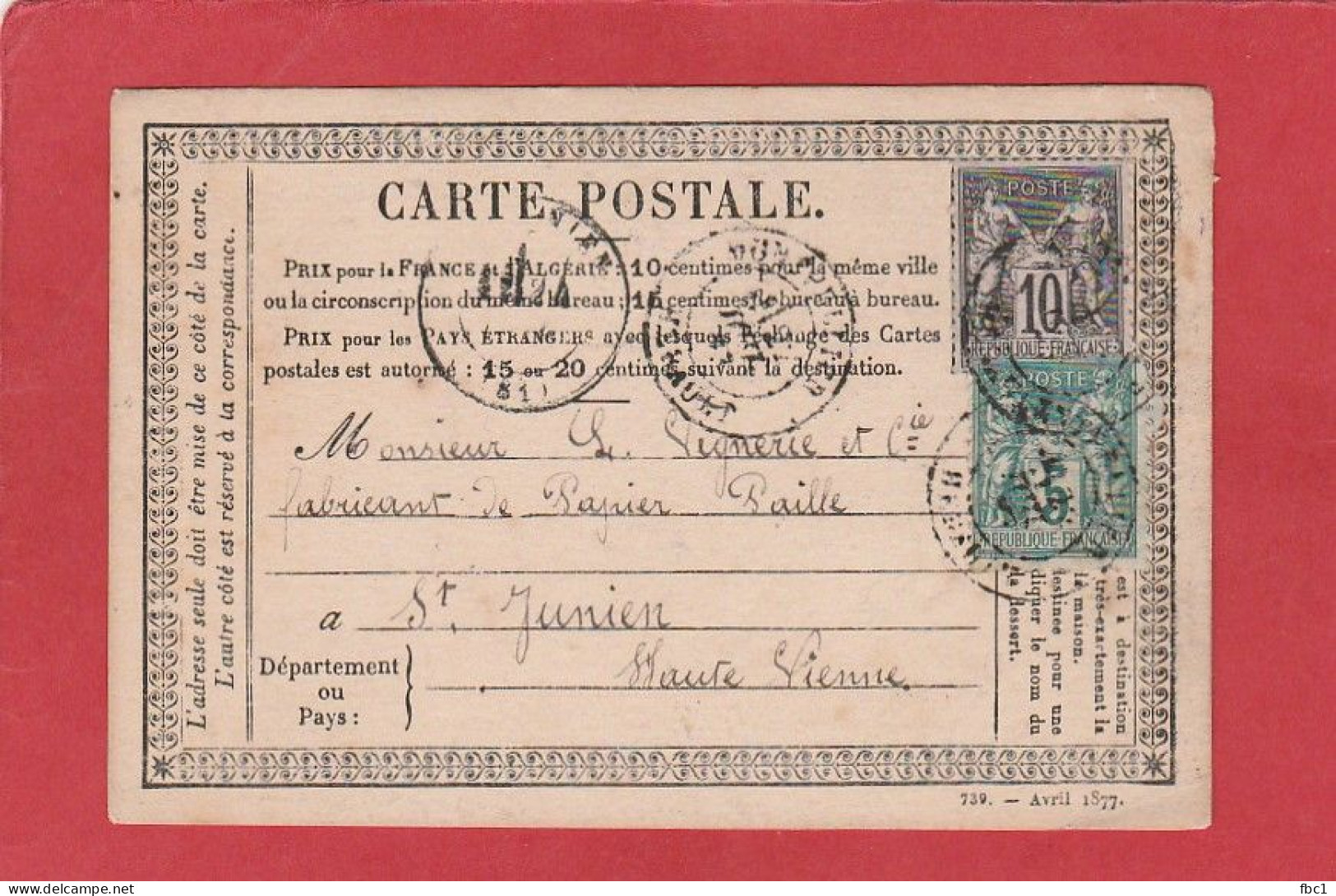 Carte Postale - 10C Type Sage + 5C - Herault - Montpellier Vers St Junien (Haute-Vienne) 1877 - Cartes Précurseurs