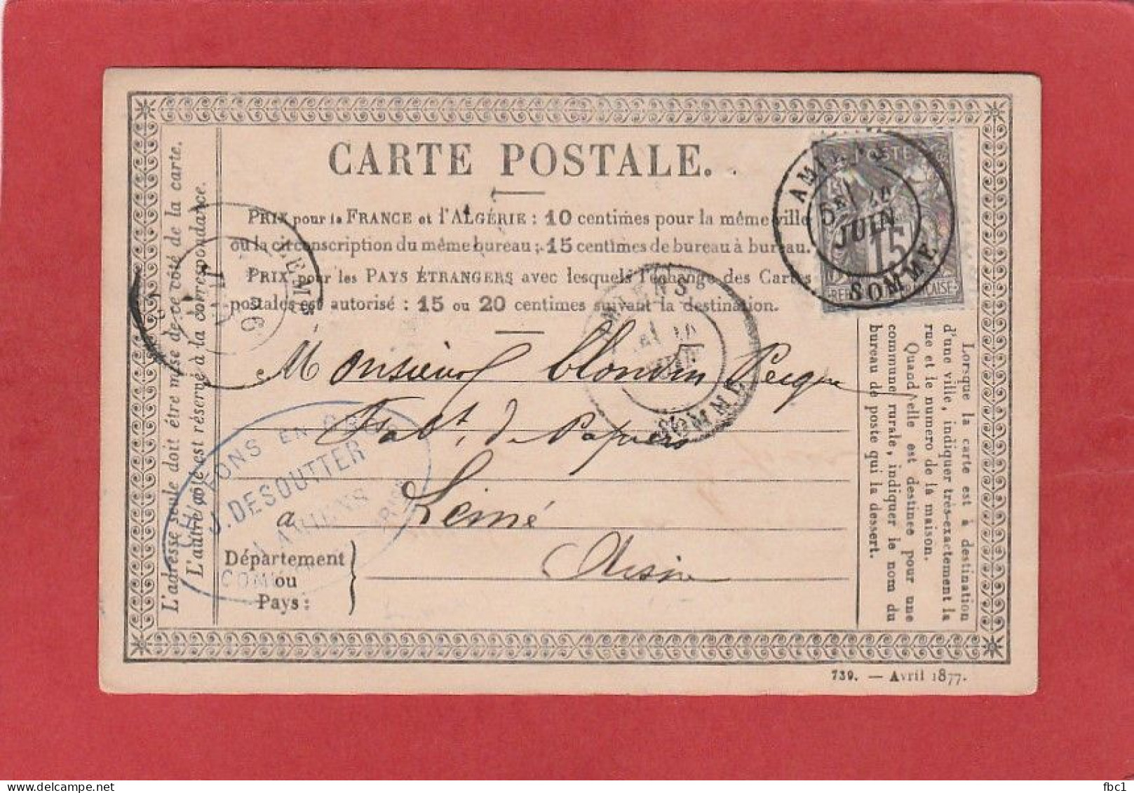 Carte Postale - 15C Type Sage - Somme - Amiens Vers Lemé (Aisne) 1877 - Cartes Précurseurs