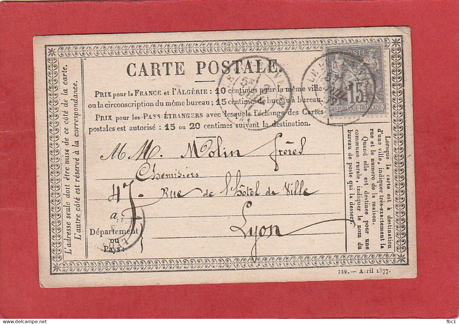 Carte Postale - 15C Type Sage - Haute-Loire - Le Puy En Velay Vers Lyon 1877 - Cartes Précurseurs