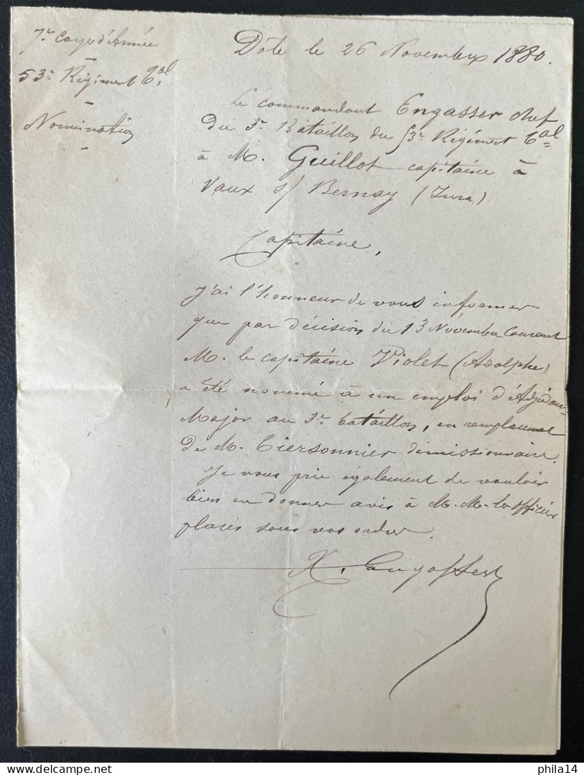 COURRIER DU 53° REGIMENT TERRITORIAL  / 1880 POUR LE CAPITAINE GUILLOT / DOLE JURA - Manuscrits