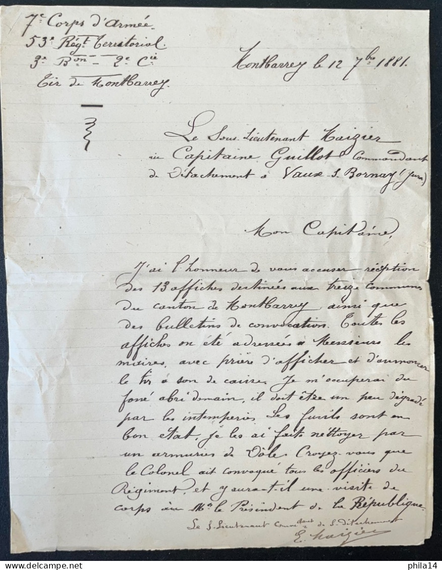 COURRIER DU 53° REGIMENT TERRITORIAL D'INFANTERIE 1881 POUR LE CAPITAINE GUILLOT / MONTBARREY - Manuscrits