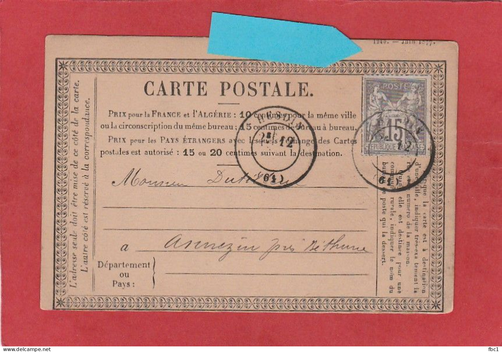 Carte Postale - 15C Type Sage Avec Décalage - Pas De Calais - Hesdin Vers Béthune 1878 - Cartes Précurseurs