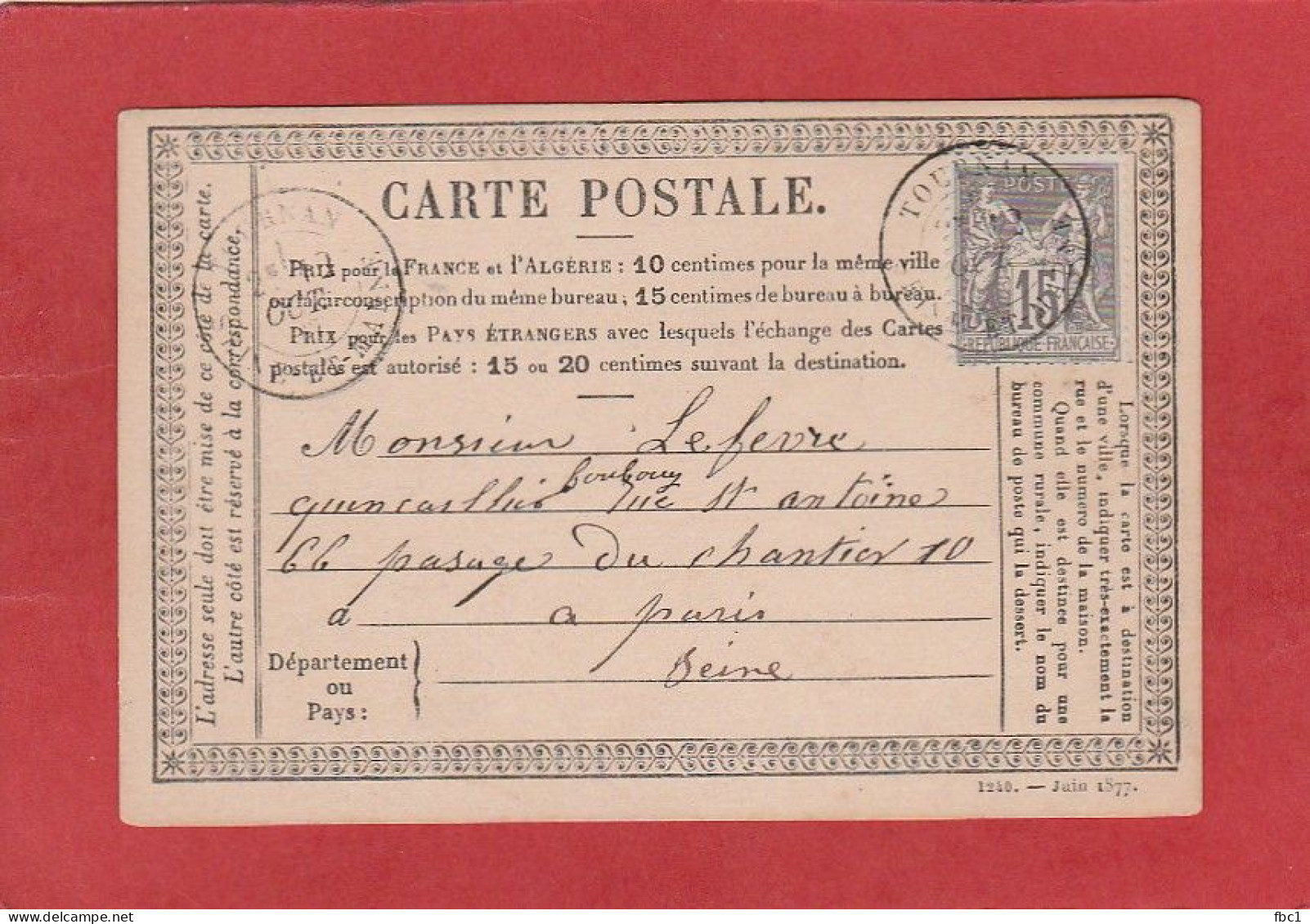 Carte Postale - 15C Type Sage - Seine Et Marne - Tournan Vers Paris 1877 - Cartes Précurseurs
