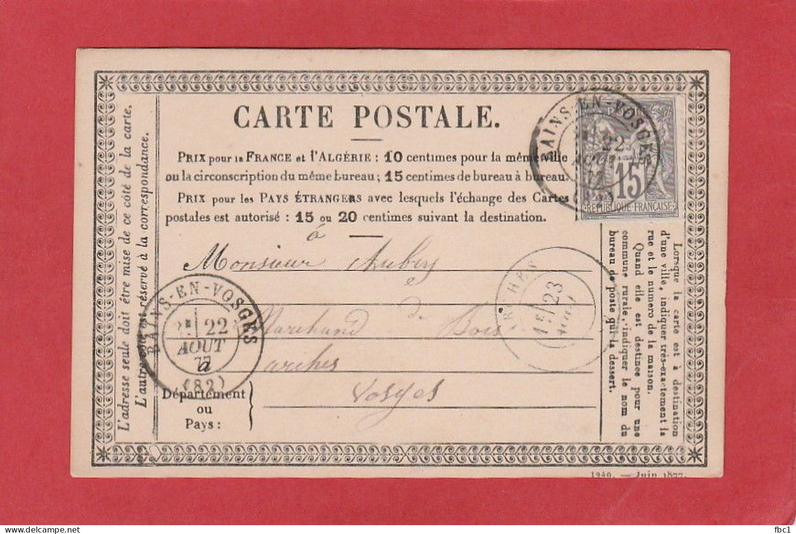 Carte Postale - 15C Type Sage - Vosges - Bains En Vosges Vers Arches 1877 - Cartes Précurseurs