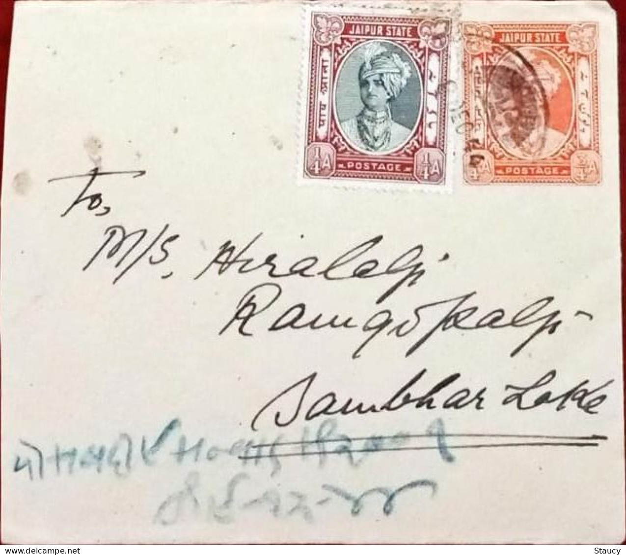 BRITISH INDIA 1944 1/4a Anna FRANKING On 3/4a "JAYPORE STATE" Stationery COVER, NICE CANCEL ON Front & Back As Per Scan - Jaipur